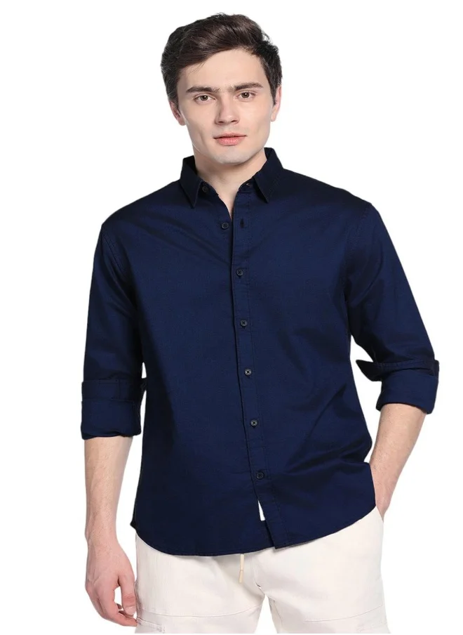 Dennis Lingo Blue Slim Fit Solid Shirt for Men - Cotton, Full Sleeves, Spread Collar, Casual