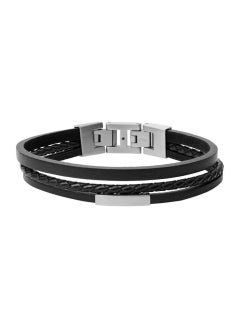 FOSSIL Men's Multi-Strand Silver-Tone Steel and Leather Bracelet  - Image 1