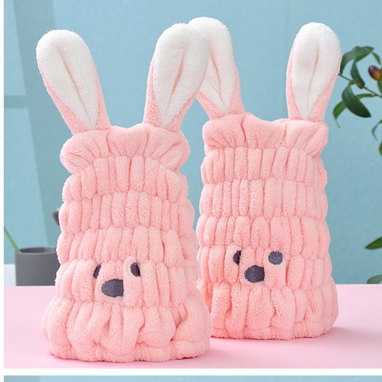 Generic Coral Fleece Quick-Dry Hair Towel Cap with Cute Cartoon Bunny Ears for Women Pink