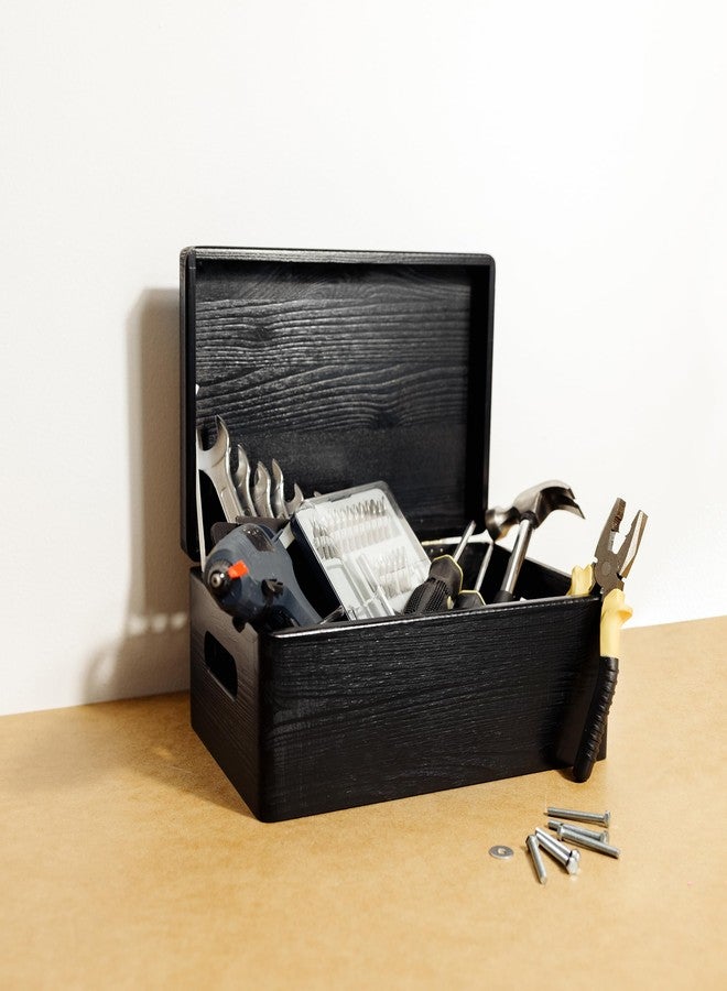 Creative Deco Large Black Plain Wooden Storage Box | 30 x 20 x 14 cm (+/-1 cm) | Hinged Lid & Handles | Gift Christmas Xmas Box Kitchen Storage | UNSANDED Wood Keepsake Memory Craft Chest - Image 2