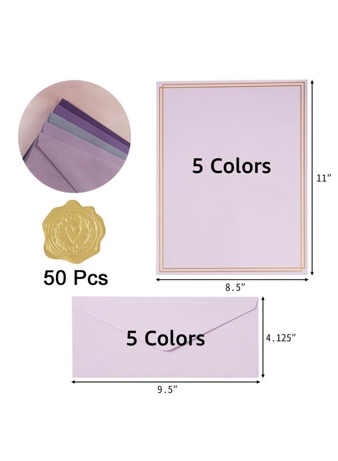 Toperd 50 Pack Colored Stationery Set, 5 Colors #10 Business Envelopes, 50 Sheets 8.5x11 Paper Sheet and Gold Stickers for Office, Letters, Invitations (Purple) - Image 2