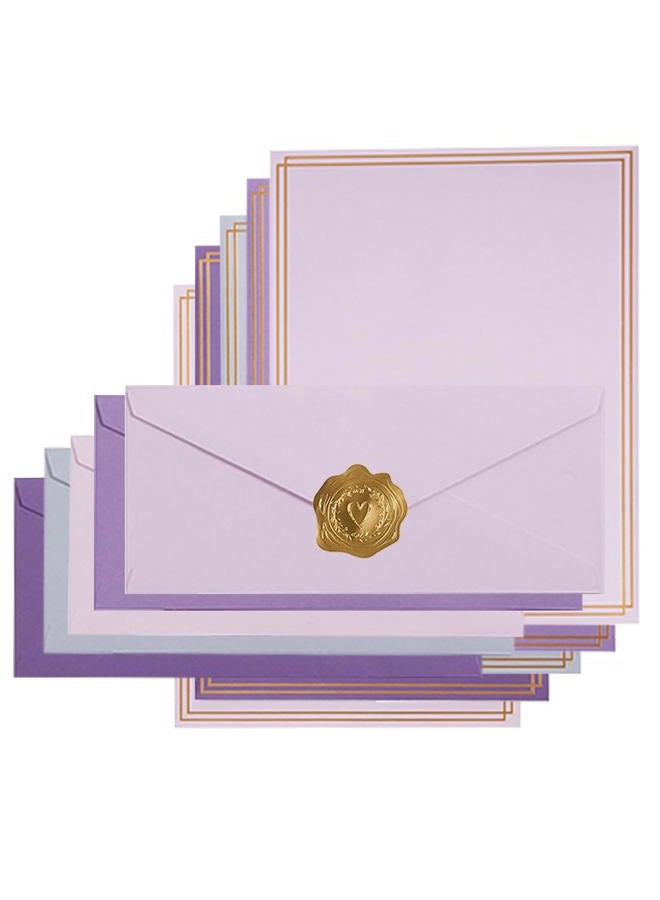 Toperd 50 Pack Colored Stationery Set, 5 Colors #10 Business Envelopes, 50 Sheets 8.5x11 Paper Sheet and Gold Stickers for Office, Letters, Invitations (Purple) - Image 1