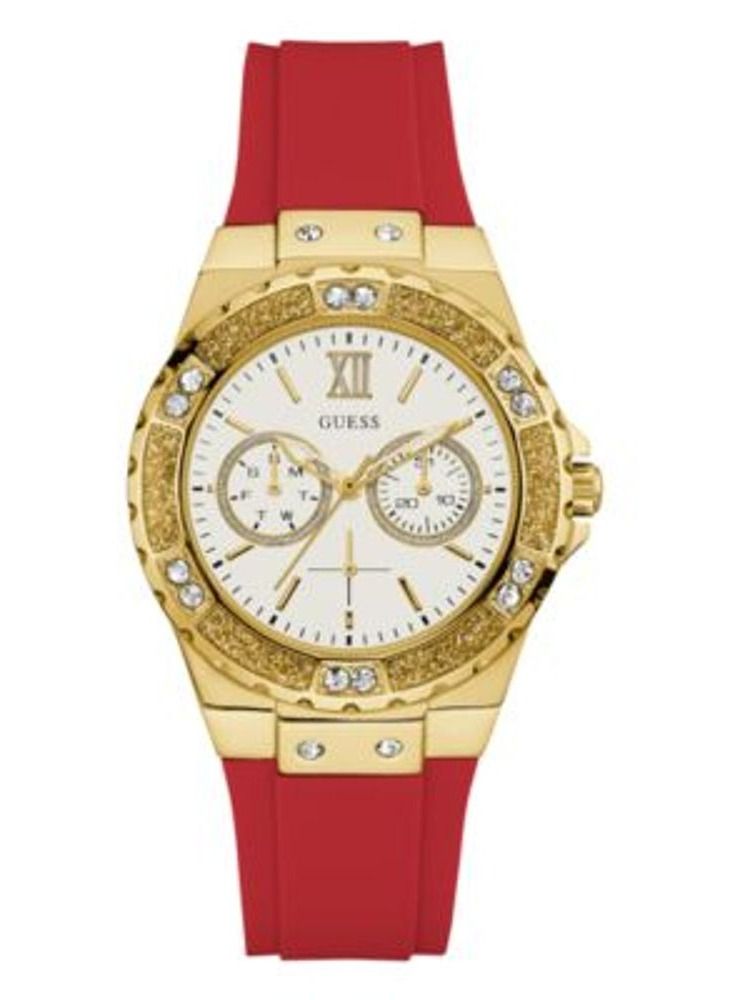 GUESS ساعة متعددة الوظائف للنساء من غس باللون الأحمر مع حزام سيليكون لامع 38 مم GW0431L1 - Image 1