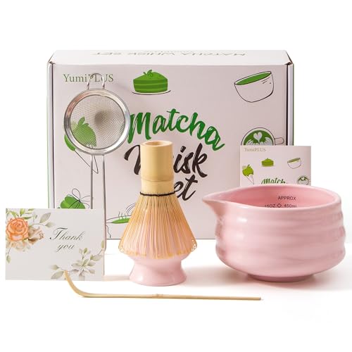 YumiPLUS 5pcs Premium Matcha Set,Ceramic Bowl with Spout and Bamboo Whisk set, Ceremonical Matcha Kit for breakfast/latte,Tea Starter Making Kit,Unique Matcha Gift set (pink) - Image 1