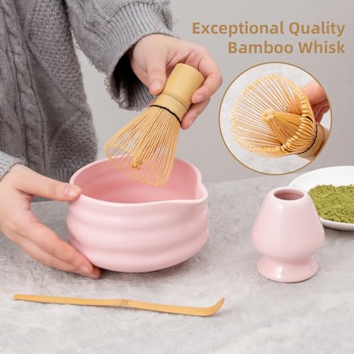 YumiPLUS 5pcs Premium Matcha Set,Ceramic Bowl with Spout and Bamboo Whisk set, Ceremonical Matcha Kit for breakfast/latte,Tea Starter Making Kit,Unique Matcha Gift set (pink) - Image 4