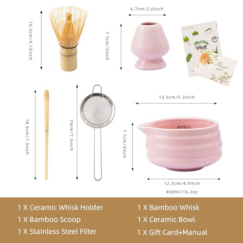 YumiPLUS 5pcs Premium Matcha Set,Ceramic Bowl with Spout and Bamboo Whisk set, Ceremonical Matcha Kit for breakfast/latte,Tea Starter Making Kit,Unique Matcha Gift set (pink) - Image 5