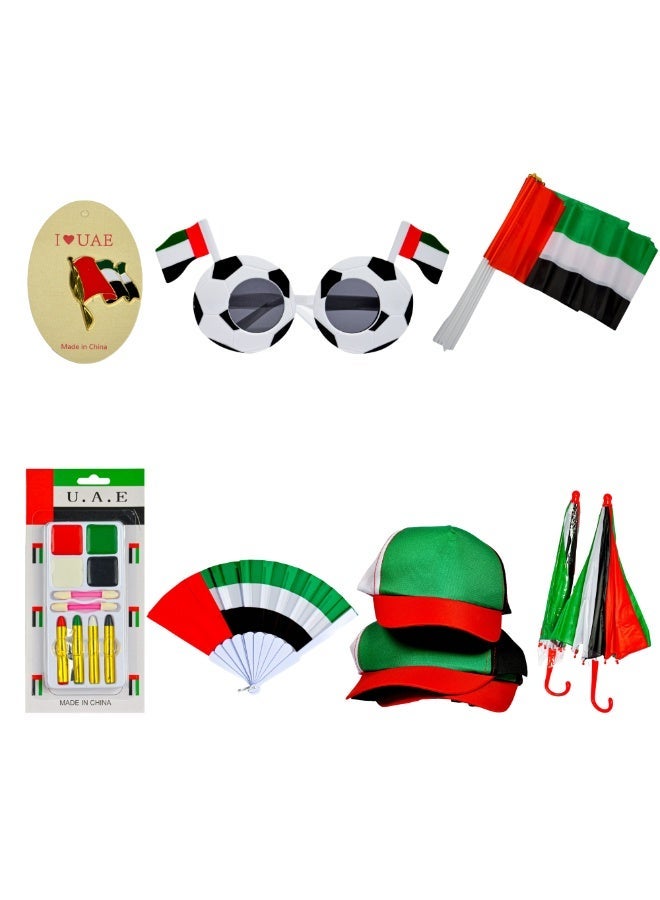 UAE National Day Celebration Combo – Stick Flags (12pcs), Paper Fans (2pcs), Badges (4pcs), Color Umbrellas (2pcs), Face Paint (2pcs), UAE Caps (3pcs), UAE Glasses (1pc) - Image 1