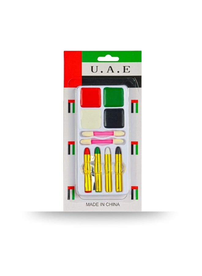 UAE National Day Celebration Combo – Stick Flags (12pcs), Paper Fans (2pcs), Badges (4pcs), Color Umbrellas (2pcs), Face Paint (2pcs), UAE Caps (3pcs), UAE Glasses (1pc) - Image 3