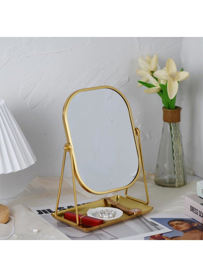 Tstarer 360° Rotating Metal Makeup Mirror with Storage, Vanity Mirror for Desk, Bathroom, Bedroom, Dressing Table (Gold) - Image 4