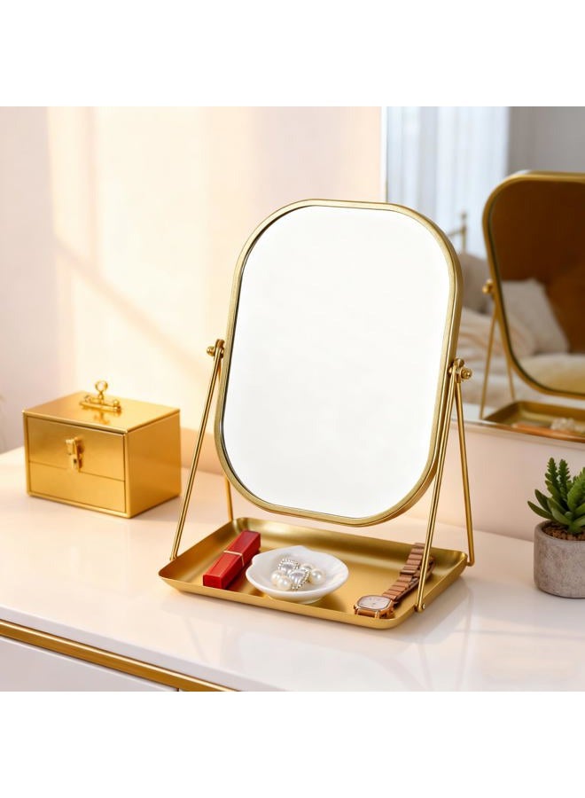 Tstarer 360° Rotating Metal Makeup Mirror with Storage, Vanity Mirror for Desk, Bathroom, Bedroom, Dressing Table (Gold) - Image 3