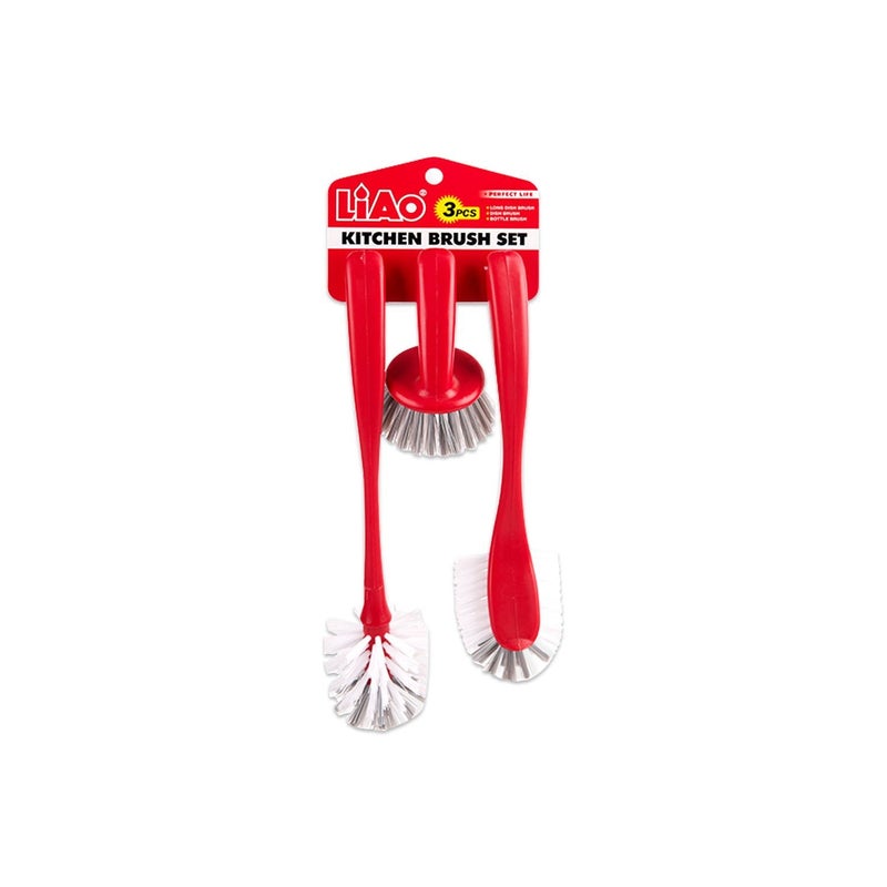 LIAO D130078 Kitchen Brush Set (3 Brushes) Pack of 6 – Long Handle Flat Dish Brush, Long Handle Rounded Bottle Brush, Short Handle Dish Brush – Durable Plastic Handles, Stiff Bristles for Efficient Cleaning - Image 2