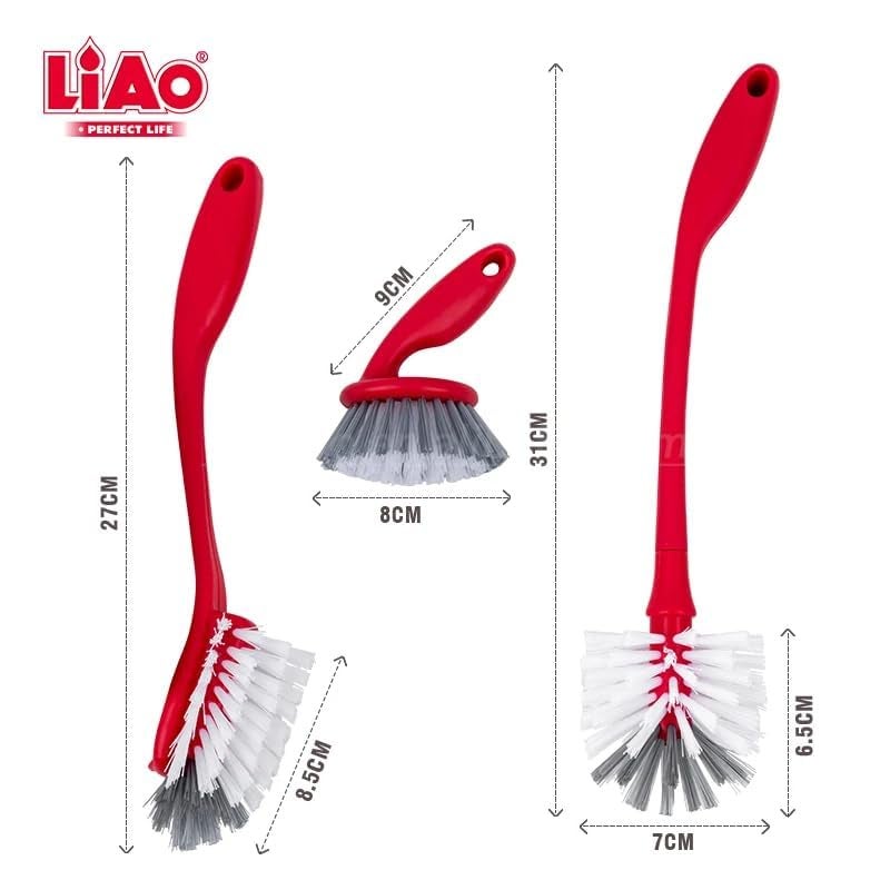 LIAO D130078 Kitchen Brush Set (3 Brushes) Pack of 6 – Long Handle Flat Dish Brush, Long Handle Rounded Bottle Brush, Short Handle Dish Brush – Durable Plastic Handles, Stiff Bristles for Efficient Cleaning - Image 3