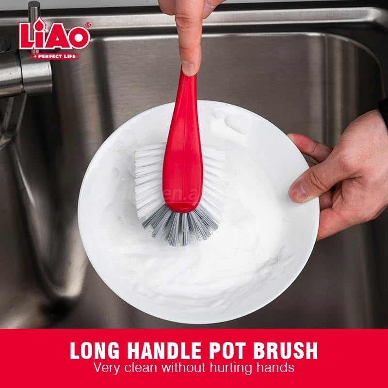 LIAO D130078 Kitchen Brush Set (3 Brushes) Pack of 6 – Long Handle Flat Dish Brush, Long Handle Rounded Bottle Brush, Short Handle Dish Brush – Durable Plastic Handles, Stiff Bristles for Efficient Cleaning - Image 4