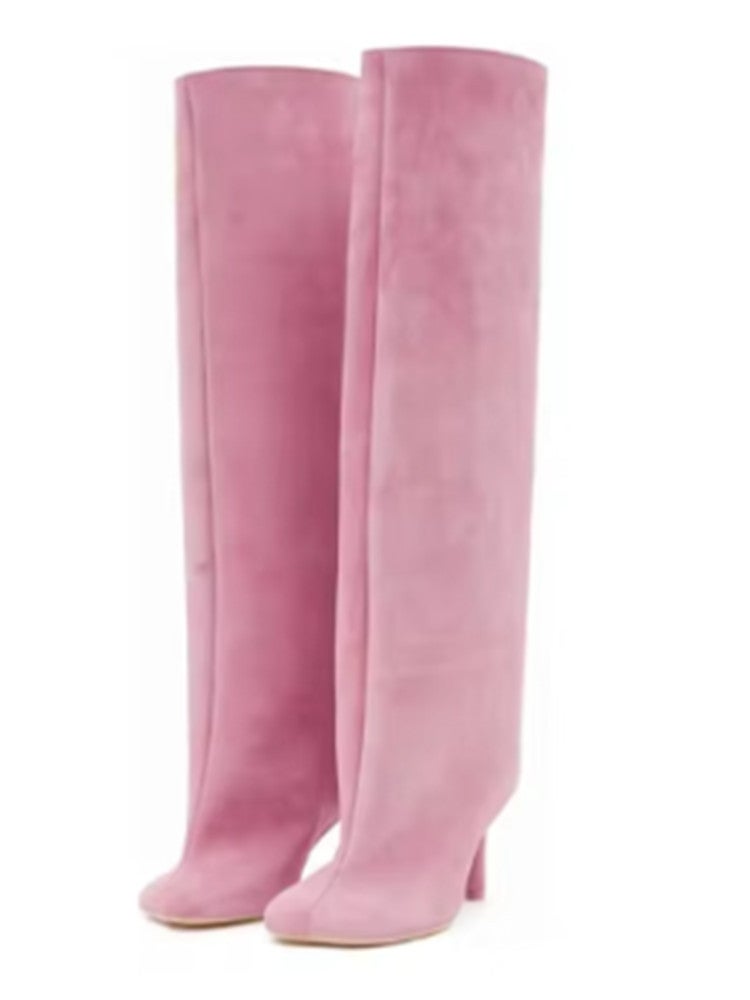 New High Heel Square Head Retro Frosted Suede Loose Straight Pants Tube Boots Plus Size Sleeve Knight Boots - Image 1