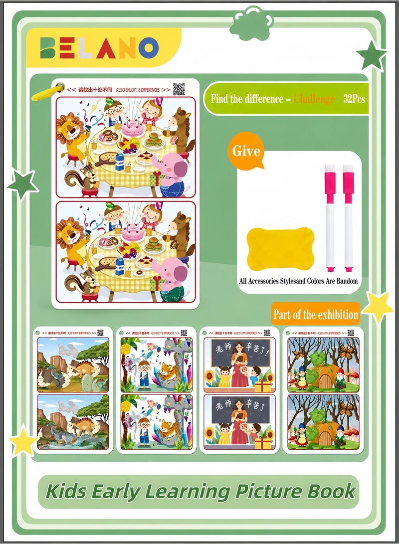 BELANO Find The Differences Early Development Toys Advanced Level 10 Differences, Erasable Picture Cards Cognitive Focus Training Game for Kids Age 3-6 - Image 1