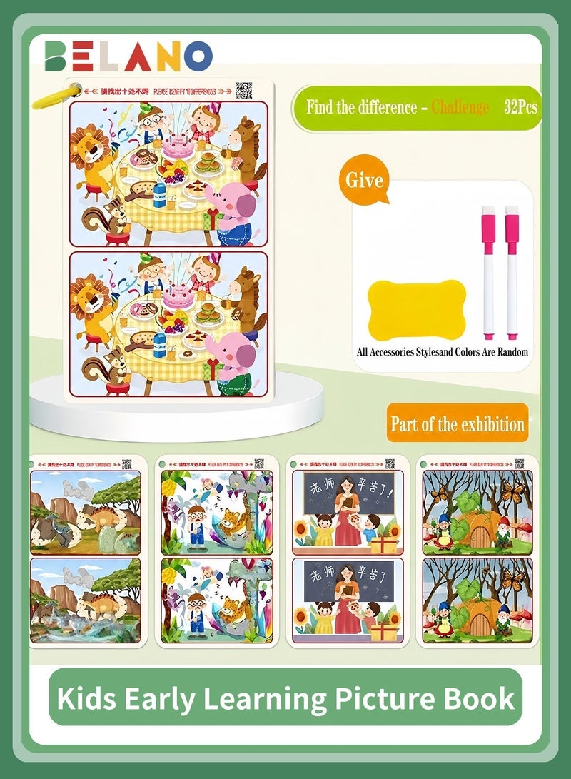 BELANO Find The Differences Early Development Toys Advanced Level 10 Differences, Erasable Picture Cards Cognitive Focus Training Game for Kids Age 3-6 - Image 1