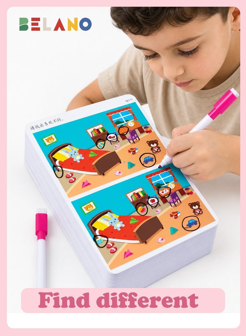 BELANO 32 Pcs Spot the Difference Cards Set for Kids, Reusable Dry Erase Activity Cards with 2 Markers & 1 Eraser, Focus Concentration Training Educational Game for Boys Girls - Image 1