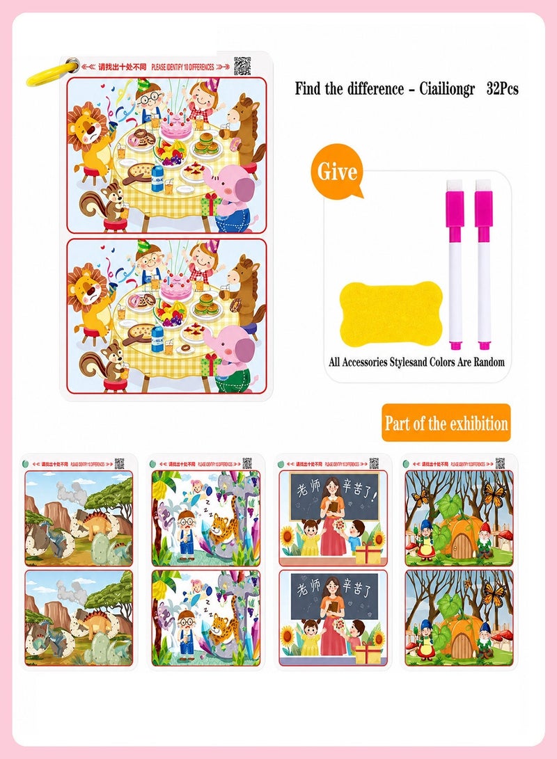 BELANO 32 Pcs Spot the Difference Cards Set for Kids, Reusable Dry Erase Activity Cards with 2 Markers & 1 Eraser, Focus Concentration Training Educational Game for Boys Girls - Image 2