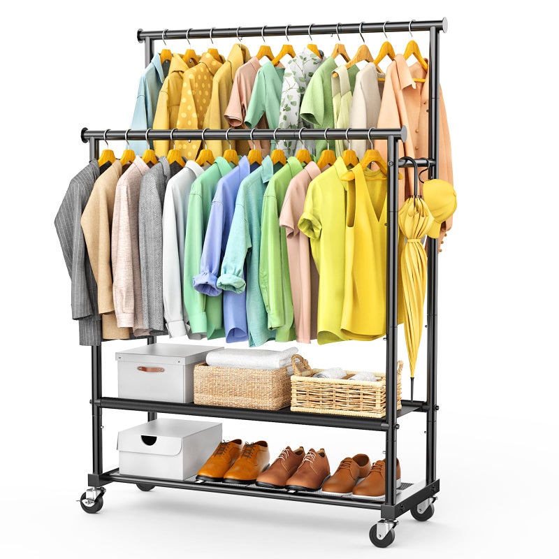 FYBEE Clothes Rack with Double Rod for Hanging, Heavy Duty Clothing Rack Load 350 LBS with Lockable Wheel, Free Standing Garment Rack with 2 Shelves and Side Hooks for Home Commercial (Black) - Image 1