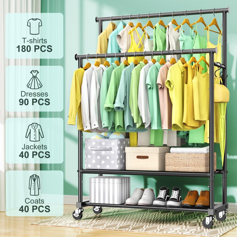 FYBEE Clothes Rack with Double Rod for Hanging, Heavy Duty Clothing Rack Load 350 LBS with Lockable Wheel, Free Standing Garment Rack with 2 Shelves and Side Hooks for Home Commercial (Black) - Image 2