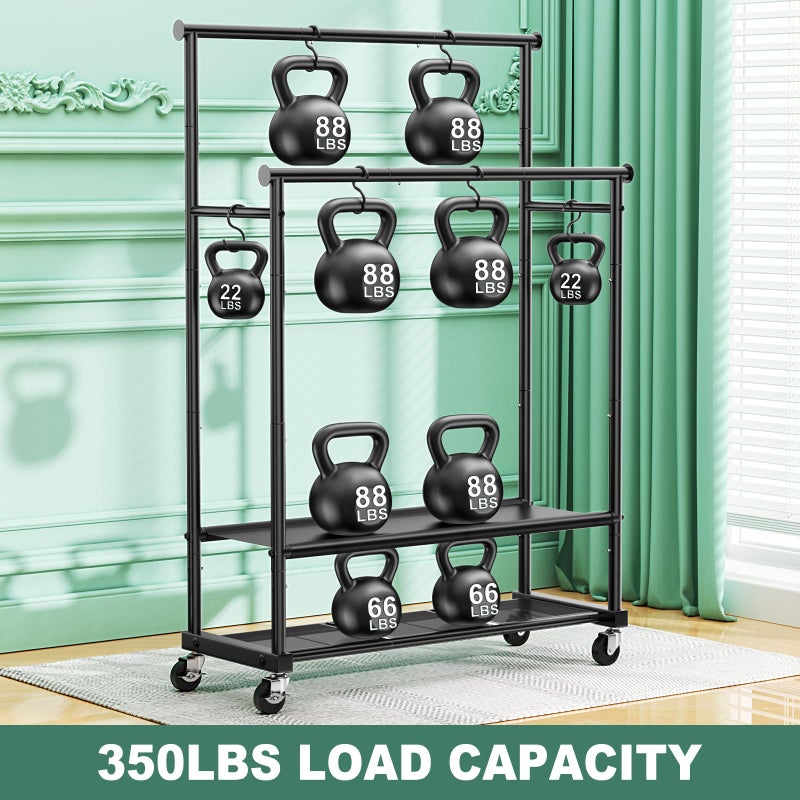 FYBEE Clothes Rack with Double Rod for Hanging, Heavy Duty Clothing Rack Load 350 LBS with Lockable Wheel, Free Standing Garment Rack with 2 Shelves and Side Hooks for Home Commercial (Black) - Image 3