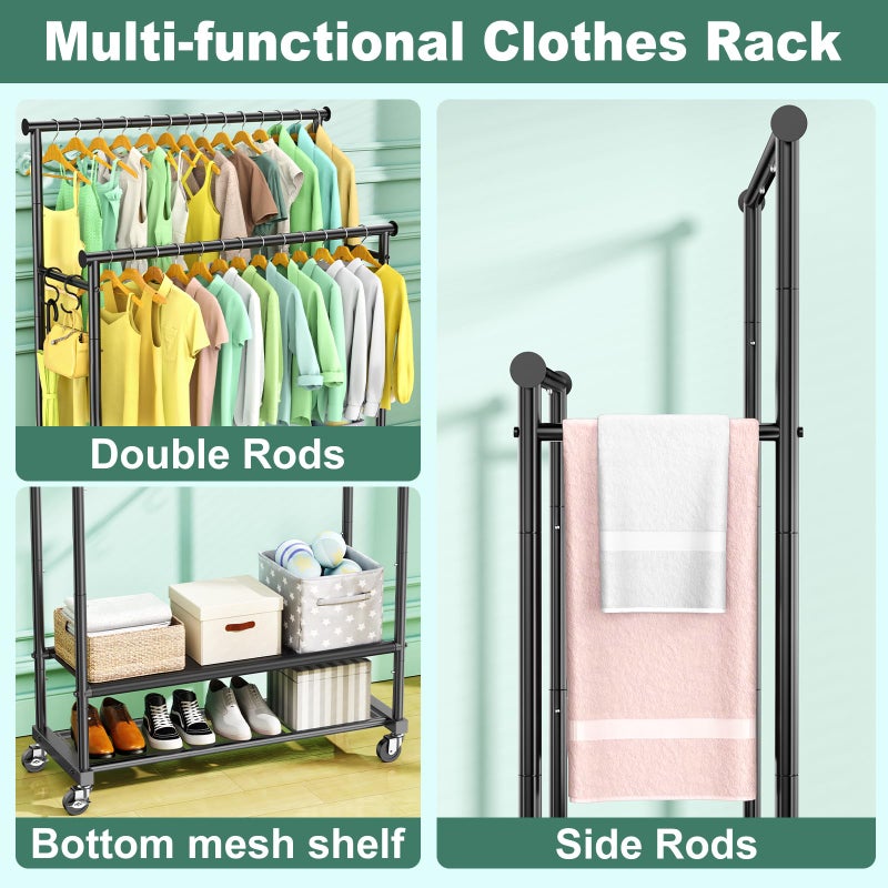 FYBEE Clothes Rack with Double Rod for Hanging, Heavy Duty Clothing Rack Load 350 LBS with Lockable Wheel, Free Standing Garment Rack with 2 Shelves and Side Hooks for Home Commercial (Black) - Image 5