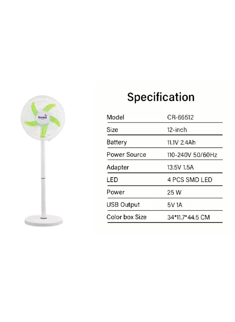 ICONA - Icona 5-in-1 Rechargeable Solar Stand Fan with Remote Control – 12-Inch Adjustable Height Fan, 5-Speed Settings, Battery & Solar Powered, Timer Function, Class A Energy Efficiency (White) - Image 1