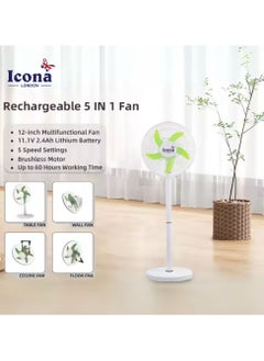 ICONA Icona 5-in-1 Rechargeable Solar Stand Fan with Remote Control – 12-Inch Adjustable Height Fan, 5-Speed Settings, Battery & Solar Powered, Timer Function, Class A Energy Efficiency (White)  - Image 3