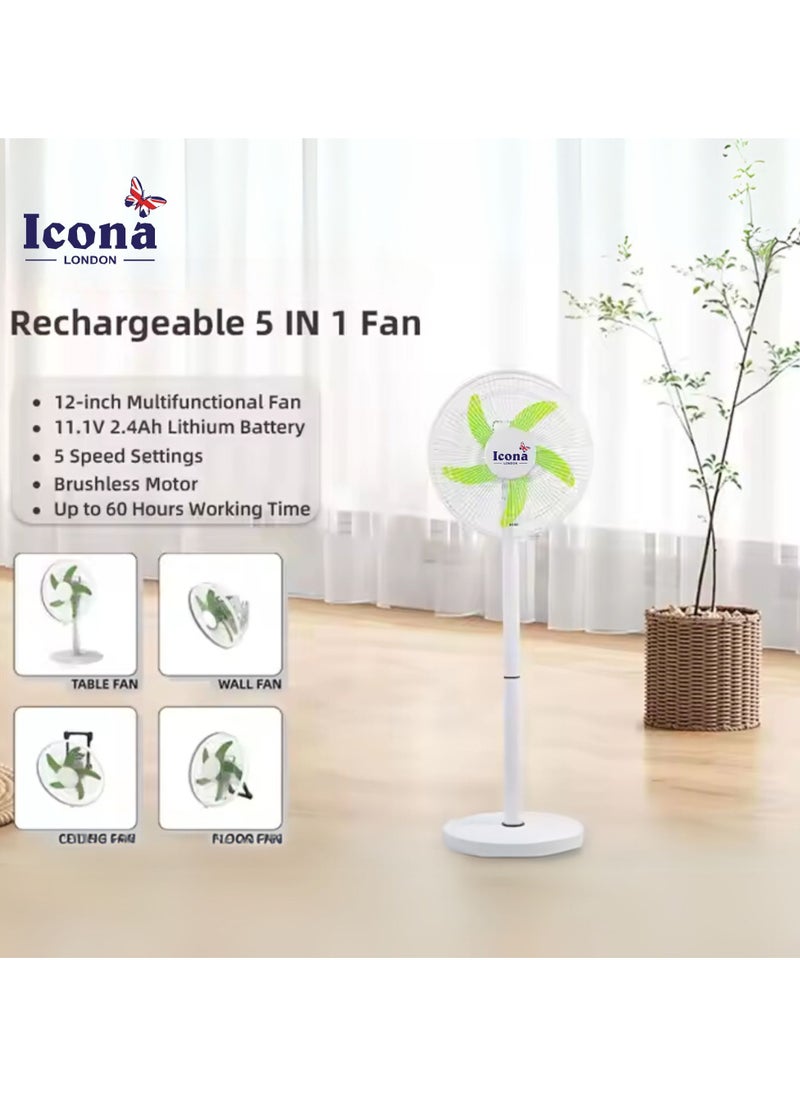 ICONA - Icona 5-in-1 Rechargeable Solar Stand Fan with Remote Control – 12-Inch Adjustable Height Fan, 5-Speed Settings, Battery & Solar Powered, Timer Function, Class A Energy Efficiency (White) - Image 1