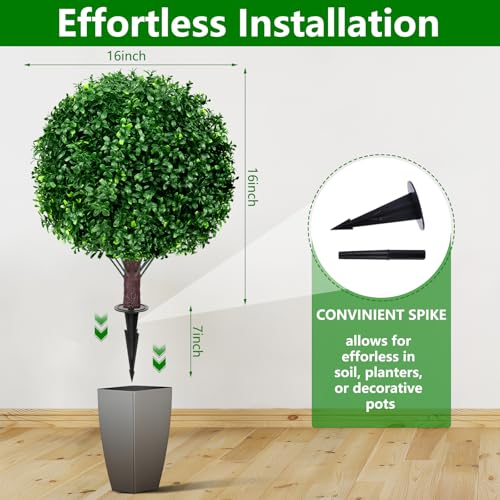 Yangrass Artificial Boxwood Topiary Ball Tree Set of 2, UV Resistant Artificial Outdoor Shrubs with Spike, Decorative Evergreen Fake Topiary Bushes Plant for Front Porch Garden - Image 5