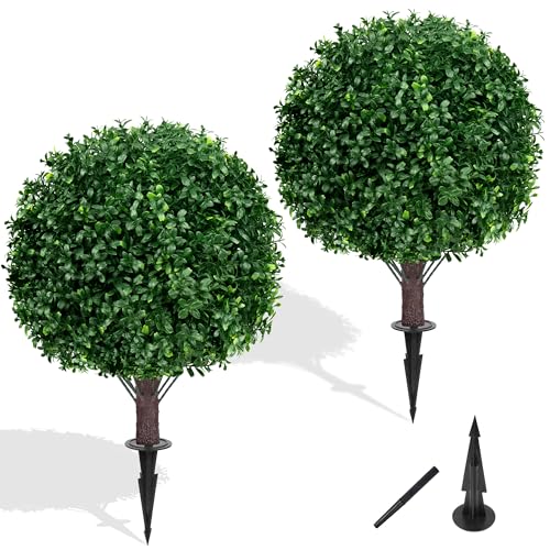 Yangrass Artificial Boxwood Topiary Ball Tree Set of 2, UV Resistant Artificial Outdoor Shrubs with Spike, Decorative Evergreen Fake Topiary Bushes Plant for Front Porch Garden - Image 1