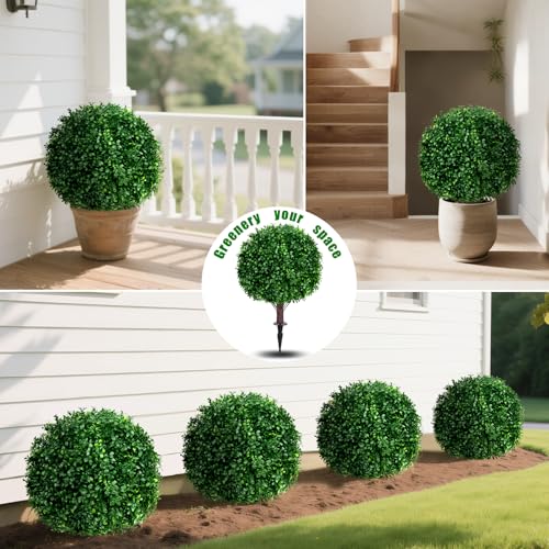 Yangrass Artificial Boxwood Topiary Ball Tree Set of 2, UV Resistant Artificial Outdoor Shrubs with Spike, Decorative Evergreen Fake Topiary Bushes Plant for Front Porch Garden - Image 4