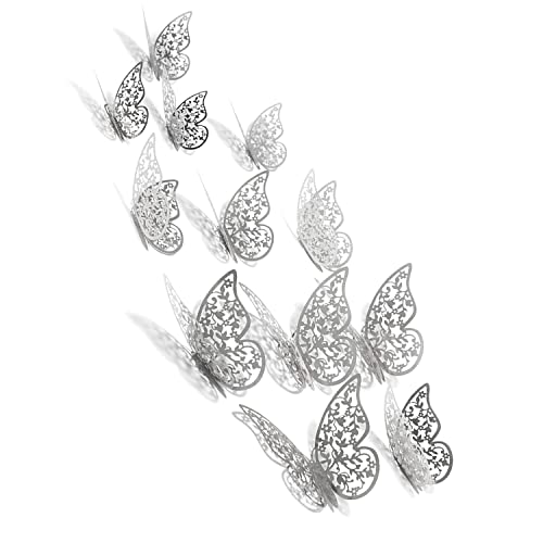 Xtore® 12pcs 3D Gorgeous Shiny Silver Butterfly Stickers with Sticking Pads- (Silver, Set of 12) - Image 1