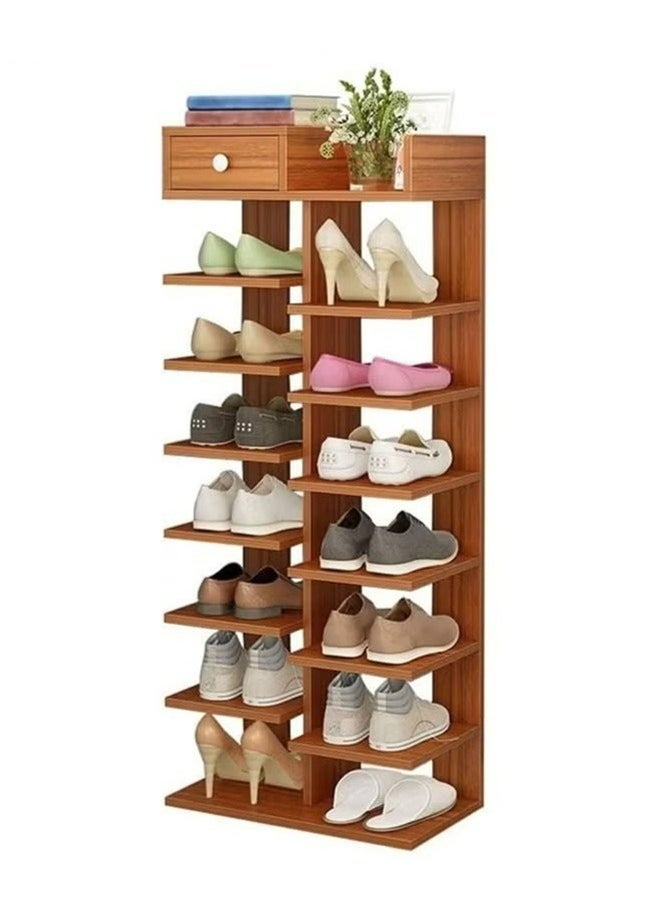 RollsTimi  8-Layer Fishbone Wooden Shoe Rack Entry Storage Rack With Storage Drawer,Independent Shoe Compartment,Brown  - Image 1
