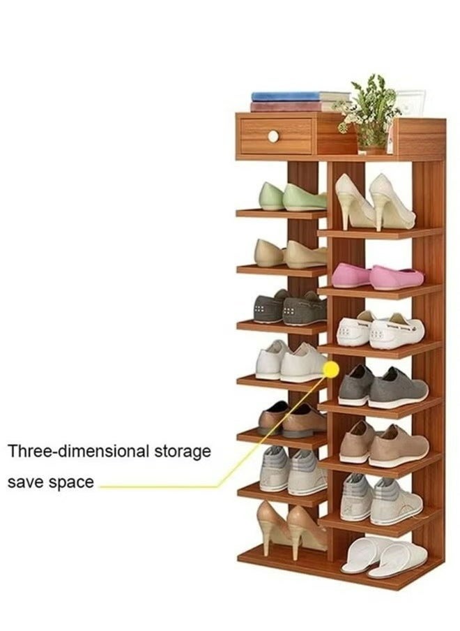 RollsTimi  8-Layer Fishbone Wooden Shoe Rack Entry Storage Rack With Storage Drawer,Independent Shoe Compartment,Brown  - Image 2