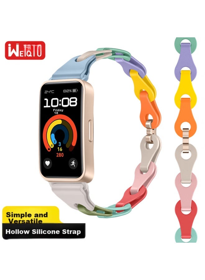 Wei Qiantu Weiqiantu Compatible With Huawei Band 9/8 Strap, Fashionable Hollow Silicone Wristband, Sports Bracelet For Men And Women, Chain Buckle Strap, Macaron Color (light Gold Buckle)  - Image 1