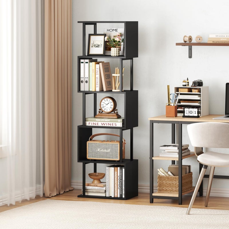 Yusong Bookshelf 5-Tier, Geometric Bookcase S Shaped Book Shelves for Bedroom, Modern Wood Decorative Display Shelf Corner for Home Office, Black - Image 3