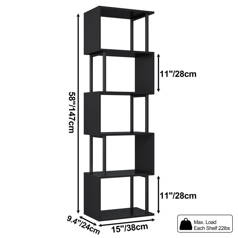 Yusong Bookshelf 5-Tier, Geometric Bookcase S Shaped Book Shelves for Bedroom, Modern Wood Decorative Display Shelf Corner for Home Office, Black - Image 4