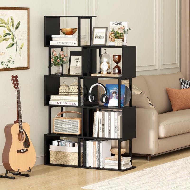 Yusong Bookshelf 5-Tier, Geometric Bookcase S Shaped Book Shelves for Bedroom, Modern Wood Decorative Display Shelf Corner for Home Office, Black - Image 2