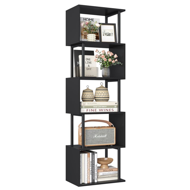Yusong Bookshelf 5-Tier, Geometric Bookcase S Shaped Book Shelves for Bedroom, Modern Wood Decorative Display Shelf Corner for Home Office, Black - Image 1