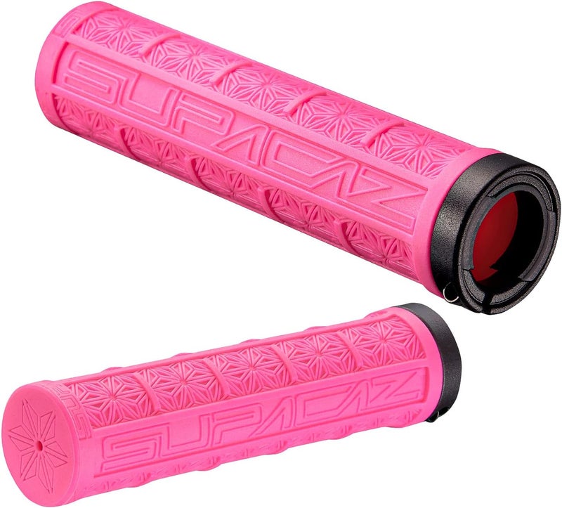 Supacaz Grizips Mountain Bike Grips – Dual-Compound – Shock-Absorbing – Anti-Slip – Lightweight – 130mm – Neon Pink