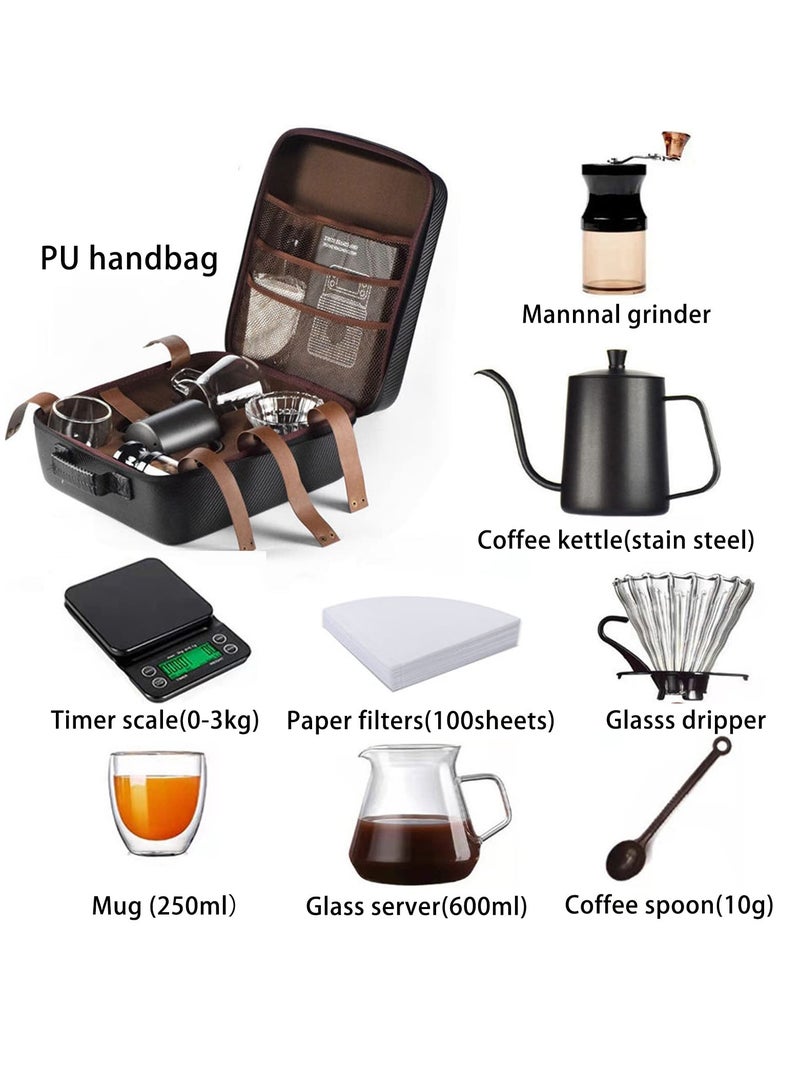ET-LIFE Hand Coffee Gift Set - Outdoor Camping Portable Kit Maker With Manual Grinder, Dripper, Kettle, Glass Server, Mug, Spoon, Filter, Timer Scale and Travel Bag  - Image 2