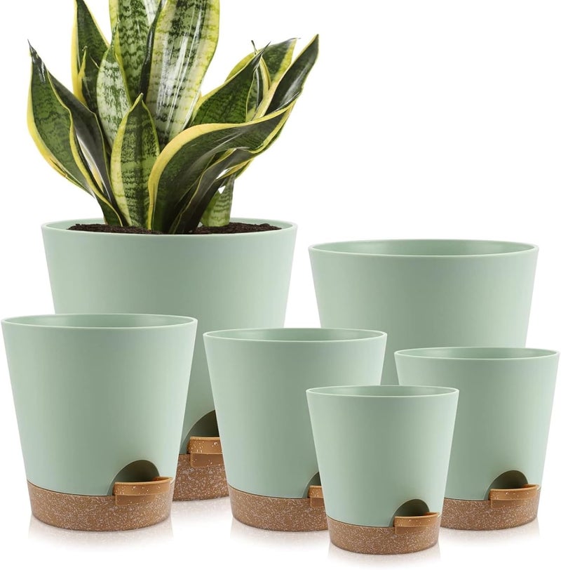 ROUNY 6 Pack Self-Watering Plastic Plant Pots Indoor, 20-12.5CM (8-5 Inches) Flower Planters with Drainage Holes, Saucers & Reservoir, Green Medium House Plant Pots for All Plants (Green) - Image 1
