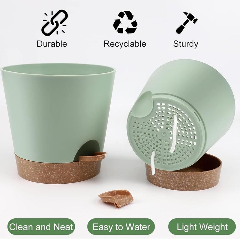ROUNY 6 Pack Self-Watering Plastic Plant Pots Indoor, 20-12.5CM (8-5 Inches) Flower Planters with Drainage Holes, Saucers & Reservoir, Green Medium House Plant Pots for All Plants (Green) - Image 5