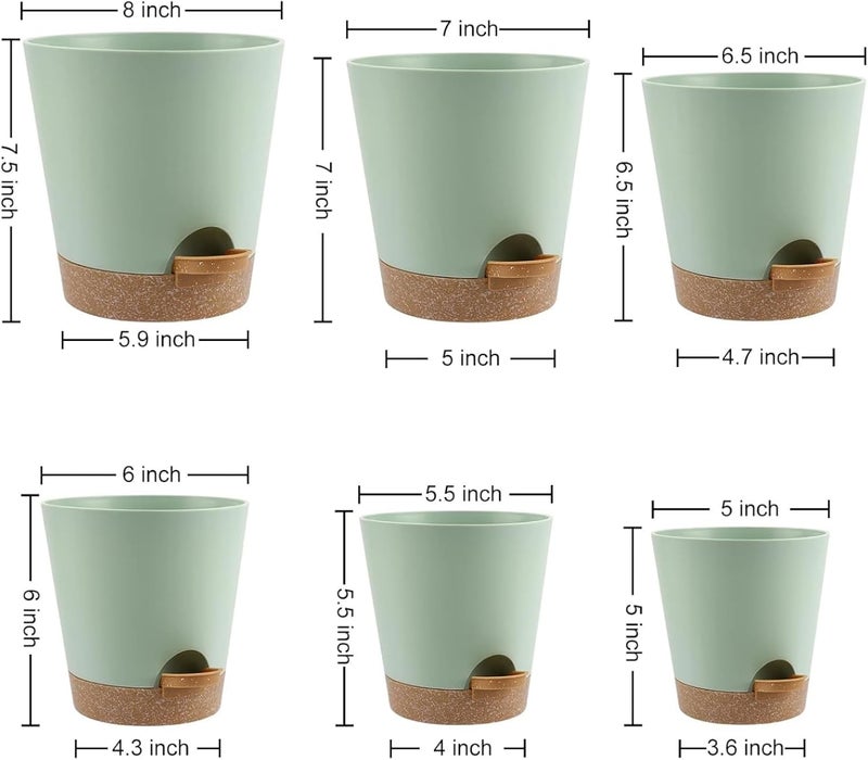 ROUNY 6 Pack Self-Watering Plastic Plant Pots Indoor, 20-12.5CM (8-5 Inches) Flower Planters with Drainage Holes, Saucers & Reservoir, Green Medium House Plant Pots for All Plants (Green) - Image 2