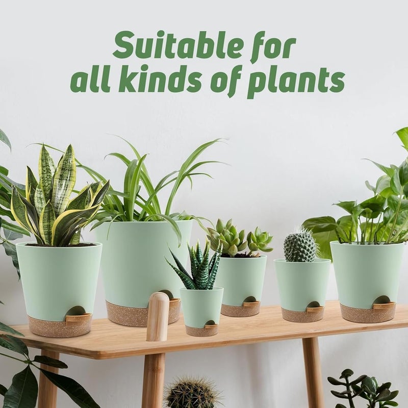 ROUNY 6 Pack Self-Watering Plastic Plant Pots Indoor, 20-12.5CM (8-5 Inches) Flower Planters with Drainage Holes, Saucers & Reservoir, Green Medium House Plant Pots for All Plants (Green) - Image 4
