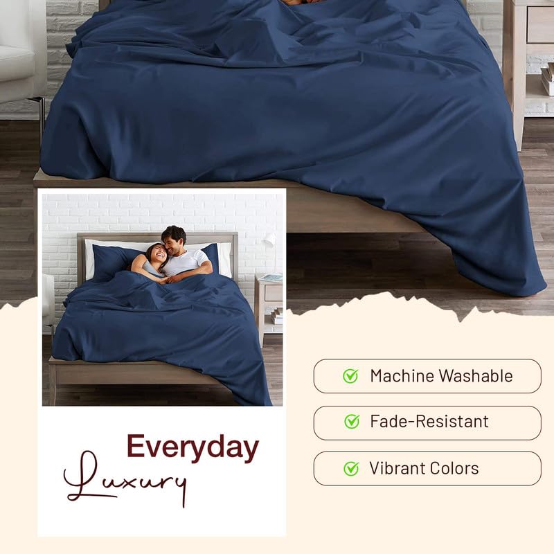 HOME SHEETS أوراق المنزل سوبر كين عادي ساتين 500 TC 100 قطن حجم سوبر كين 108 × 108 بوصة مع 2 أغطية وسادة 18 × 28 بوصة حجم سوبر كين لون أزرق بحري - Image 4