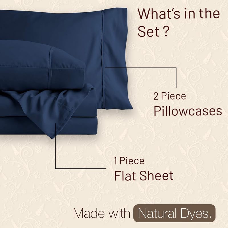 HOME SHEETS أوراق المنزل سوبر كين عادي ساتين 500 TC 100 قطن حجم سوبر كين 108 × 108 بوصة مع 2 أغطية وسادة 18 × 28 بوصة حجم سوبر كين لون أزرق بحري - Image 5