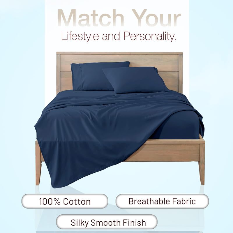 HOME SHEETS أوراق المنزل سوبر كين عادي ساتين 500 TC 100 قطن حجم سوبر كين 108 × 108 بوصة مع 2 أغطية وسادة 18 × 28 بوصة حجم سوبر كين لون أزرق بحري - Image 3