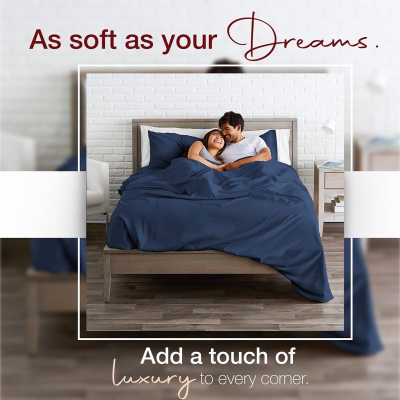 HOME SHEETS أوراق المنزل سوبر كين عادي ساتين 500 TC 100 قطن حجم سوبر كين 108 × 108 بوصة مع 2 أغطية وسادة 18 × 28 بوصة حجم سوبر كين لون أزرق بحري - Image 2